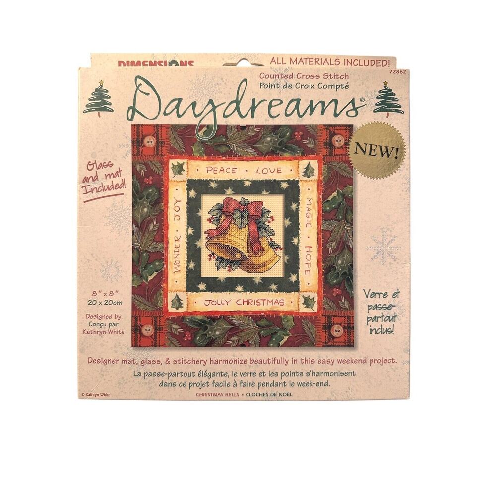 VTG Dimensions Counted Cross Stitch Under Glass Christmas Bell Daydreams Kit NEW
